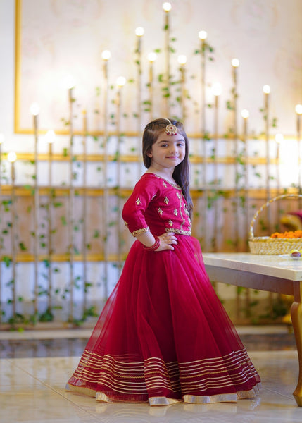 Seerat DEEJA girls powder blue luxury Korean raw silk frock - Front View
Close-up of floral embroidery on Seerat DEEJA blue silk dress
Full silhouette of Seerat DEEJA festive silk frock for kids