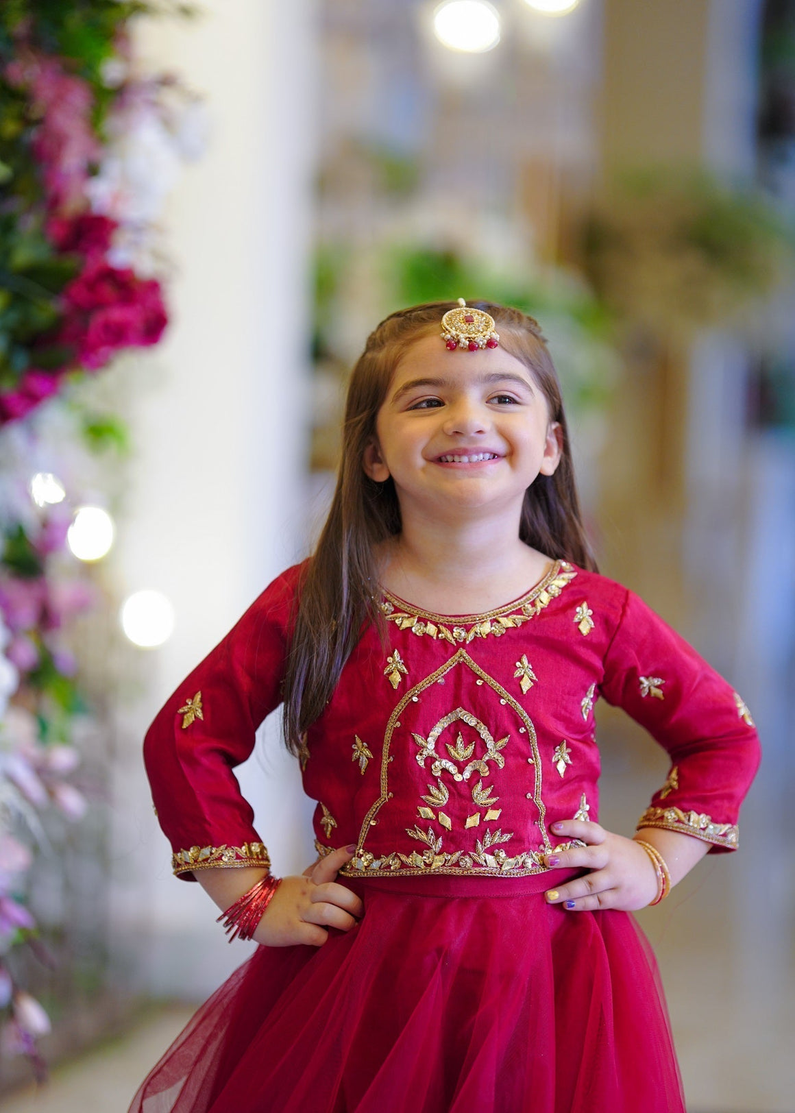 Seerat DEEJA girls powder blue luxury Korean raw silk frock - Front View
Close-up of floral embroidery on Seerat DEEJA blue silk dress
Full silhouette of Seerat DEEJA festive silk frock for kids