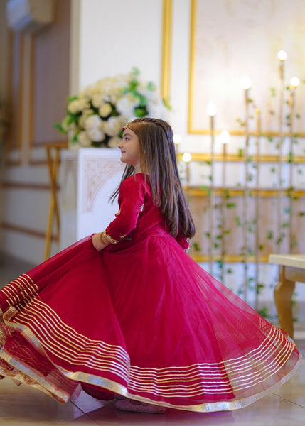 Seerat DEEJA girls powder blue luxury Korean raw silk frock - Front View
Close-up of floral embroidery on Seerat DEEJA blue silk dress
Full silhouette of Seerat DEEJA festive silk frock for kids