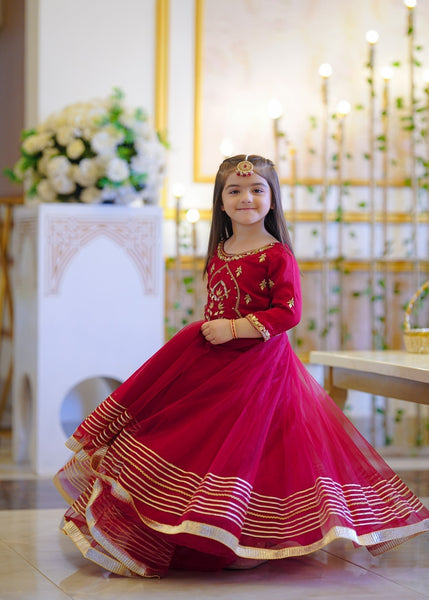 Seerat DEEJA girls powder blue luxury Korean raw silk frock - Front View
Close-up of floral embroidery on Seerat DEEJA blue silk dress
Full silhouette of Seerat DEEJA festive silk frock for kids