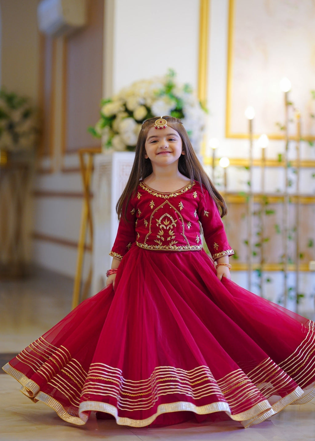 Seerat DEEJA girls powder blue luxury Korean raw silk frock - Front View
Close-up of floral embroidery on Seerat DEEJA blue silk dress
Full silhouette of Seerat DEEJA festive silk frock for kids