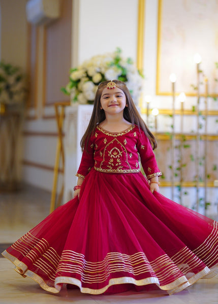 Seerat DEEJA girls powder blue luxury Korean raw silk frock - Front View
Close-up of floral embroidery on Seerat DEEJA blue silk dress
Full silhouette of Seerat DEEJA festive silk frock for kids