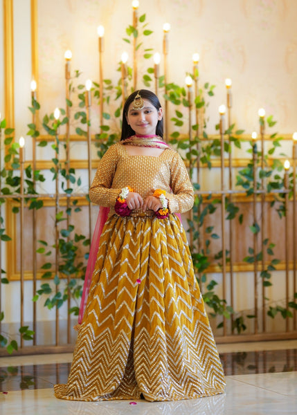 Seerat SHARJINA girls mustard chiffon lehenga choli - Full festive view
Detailed embellishments on Seerat SHARJINA mustard choli
Voluminous multi-layered chiffon lehenga in mustard by Seerat