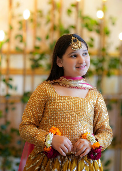 Seerat SHARJINA girls mustard chiffon lehenga choli - Full festive view
Detailed embellishments on Seerat SHARJINA mustard choli
Voluminous multi-layered chiffon lehenga in mustard by Seerat