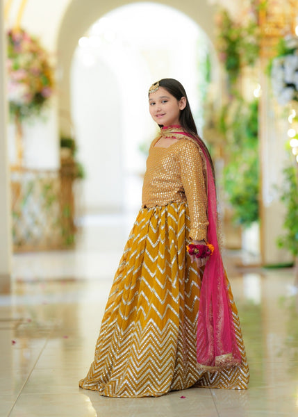 Seerat SHARJINA girls mustard chiffon lehenga choli - Full festive view
Detailed embellishments on Seerat SHARJINA mustard choli
Voluminous multi-layered chiffon lehenga in mustard by Seerat