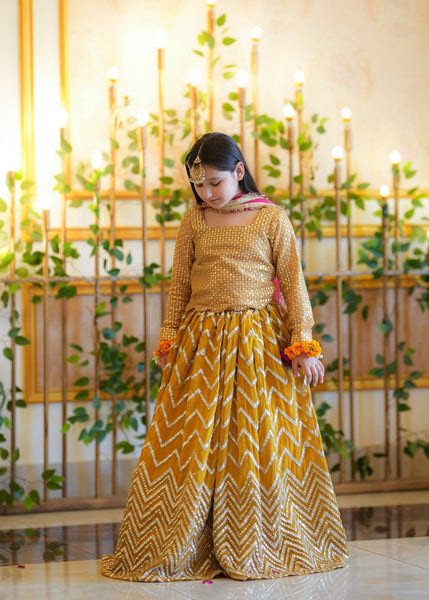 Seerat SHARJINA girls mustard chiffon lehenga choli - Full festive view
Detailed embellishments on Seerat SHARJINA mustard choli
Voluminous multi-layered chiffon lehenga in mustard by Seerat