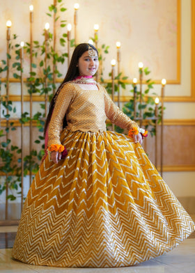 Seerat SHARJINA girls mustard chiffon lehenga choli - Full festive view
Detailed embellishments on Seerat SHARJINA mustard choli
Voluminous multi-layered chiffon lehenga in mustard by Seerat