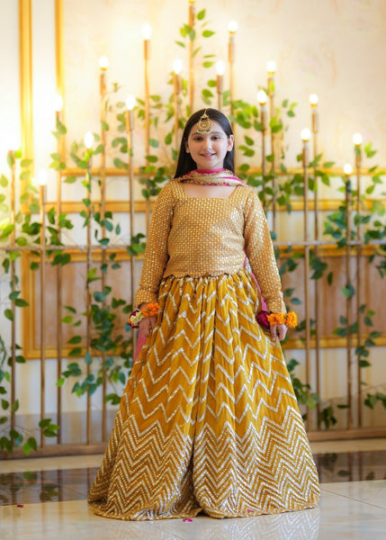 Seerat SHARJINA girls mustard chiffon lehenga choli - Full festive view
Detailed embellishments on Seerat SHARJINA mustard choli
Voluminous multi-layered chiffon lehenga in mustard by Seerat