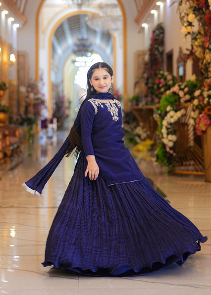Seerat HALIMA girls dark blue luxury silk lehenga choli - Front View
Detailed Adda work and tassels on Seerat HALIMA dark blue silk kurti
Textured Chamooz crush silk lehenga in dark blue by Seerat