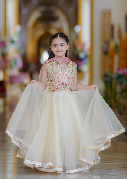 Seerat EZZA girls off-white tissue choli and silk lehenga set
Detailed hand-crafted Adda work on Seerat EZZA tissue choli
Full silhouette of Seerat EZZA multi-layered silk lehenga