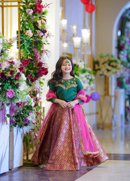 Seerat BAALA girls multi-color raw silk choli and jamawar lehenga front view
Close-up of intricate Adda work (cutdana & dabka) on Seerat BAALA choli