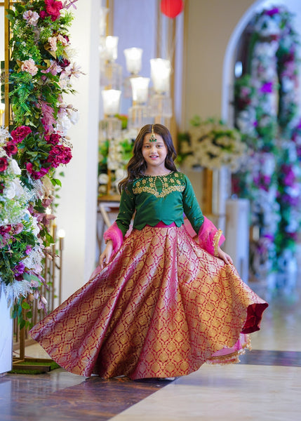 Seerat BAALA girls multi-color raw silk choli and jamawar lehenga front view
Close-up of intricate Adda work (cutdana & dabka) on Seerat BAALA choli