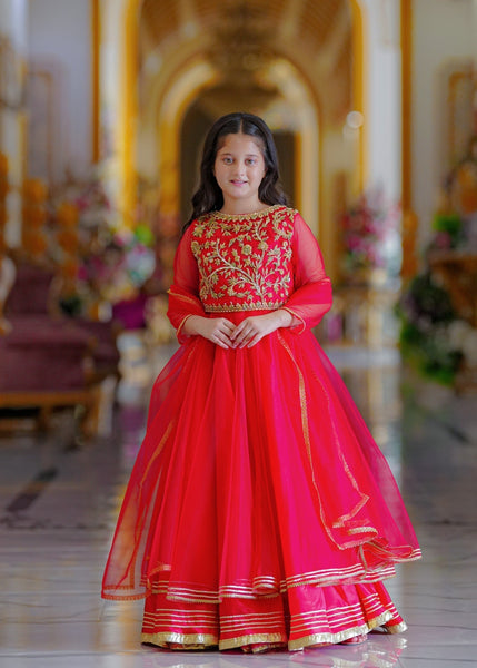 Seerat "GUL-E-NAZ" Girls' Luxury Tissue Choli & Multi-Layer Silk Lehenga – Radiant Gold 3-Piece Festive Set