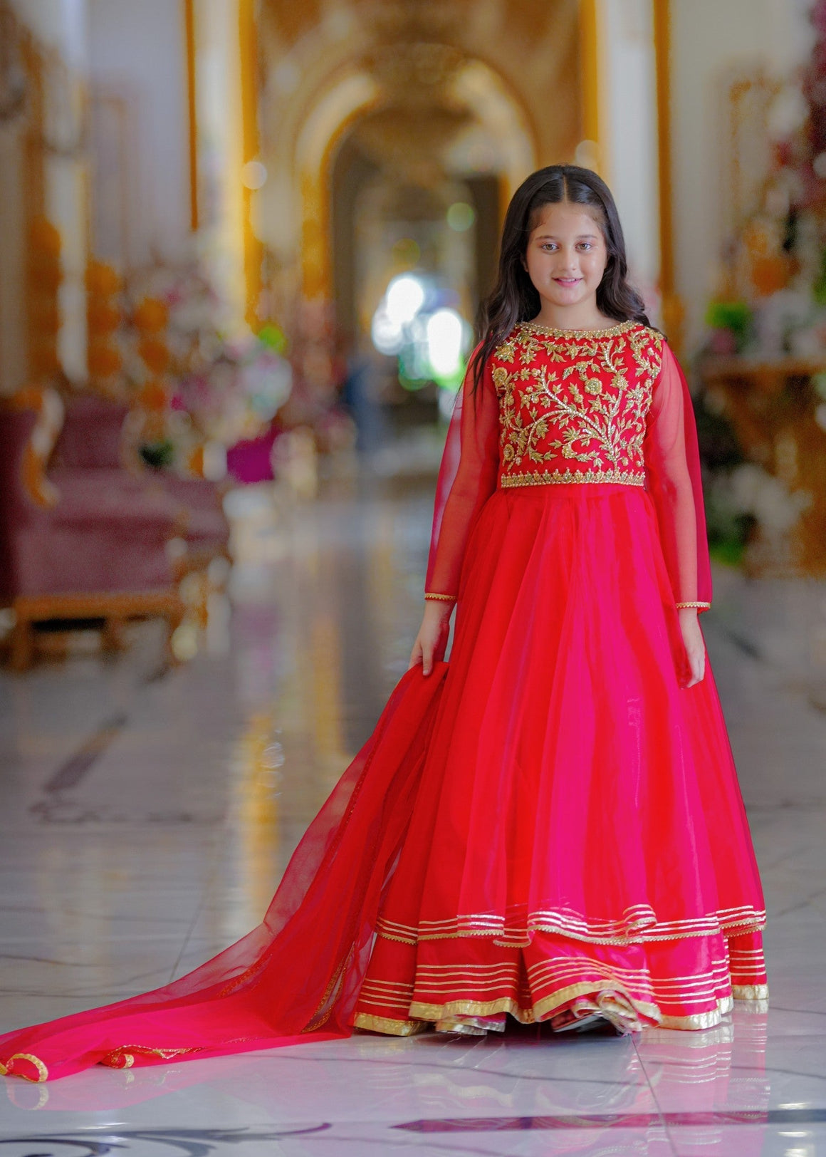 Seerat "GUL-E-NAZ" Girls' Luxury Tissue Choli & Multi-Layer Silk Lehenga – Radiant Gold 3-Piece Festive Set