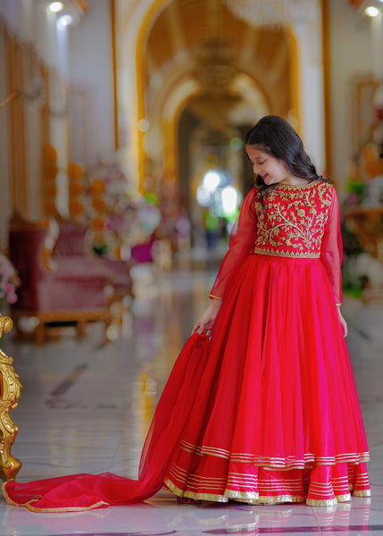 Seerat "GUL-E-NAZ" Girls' Luxury Tissue Choli & Multi-Layer Silk Lehenga – Radiant Gold 3-Piece Festive Set