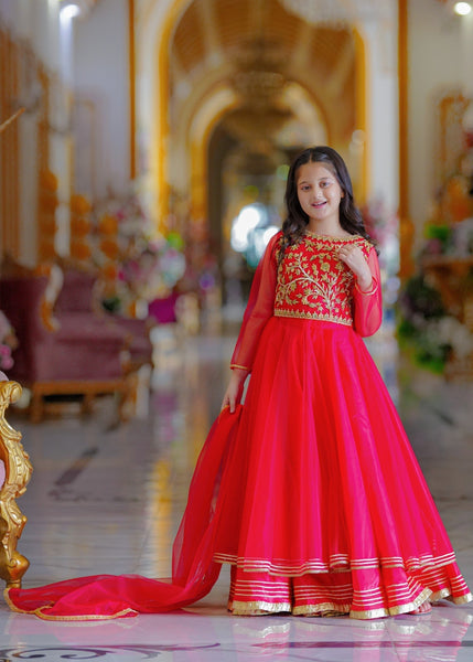 Seerat "GUL-E-NAZ" Girls' Luxury Tissue Choli & Multi-Layer Silk Lehenga – Radiant Gold 3-Piece Festive Set