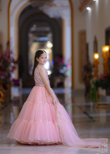 Seerat LAADLI girls dark green zari cotton lehenga choli - Full View
Detailed cut-work on Seerat LAADLI zari cotton choli
Voluminous multi-layered net lehenga in dark green by Seerat