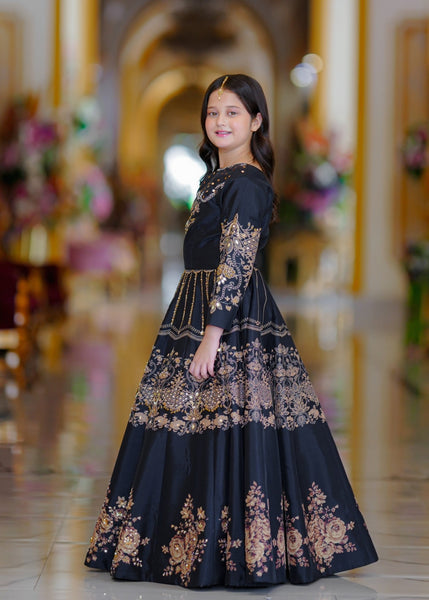 Seerat Kajal – Girls Black Korean Raw Silk Block Printed Lehenga Choli (2-Piece)