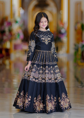 Seerat Kajal – Girls Black Korean Raw Silk Block Printed Lehenga Choli (2-Piece)