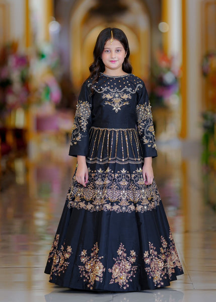 Seerat Kajal – Girls Black Korean Raw Silk Block Printed Lehenga Choli (2-Piece)