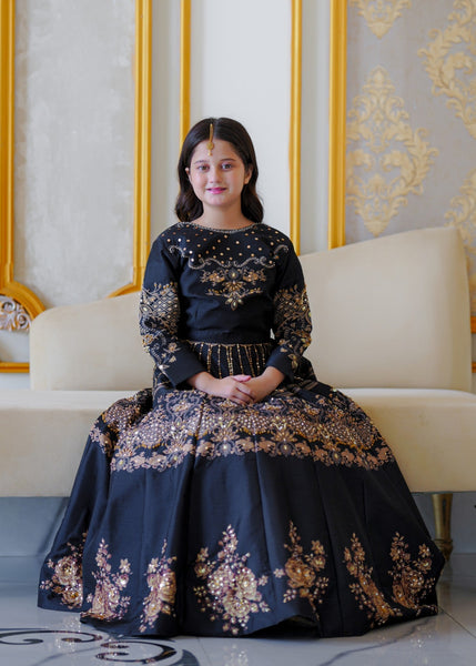 Seerat Kajal – Girls Black Korean Raw Silk Block Printed Lehenga Choli (2-Piece)