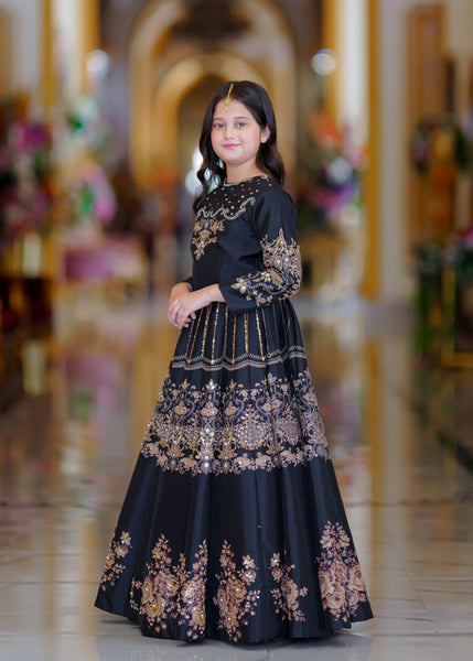 Seerat Kajal – Girls Black Korean Raw Silk Block Printed Lehenga Choli (2-Piece)
