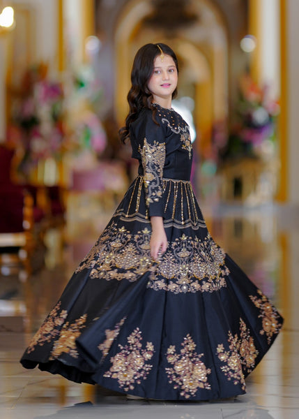 Seerat Kajal – Girls Black Korean Raw Silk Block Printed Lehenga Choli (2-Piece)