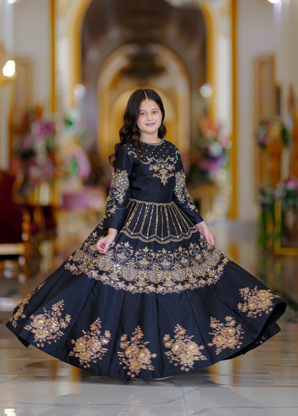 Seerat Kajal – Girls Black Korean Raw Silk Block Printed Lehenga Choli (2-Piece)