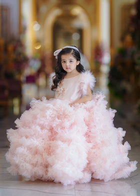 Seerat "PINK PEONY" Girls' Luxury Net & Silk Volume Gown – Soft Peach-Pink One-Piece Festive Frock